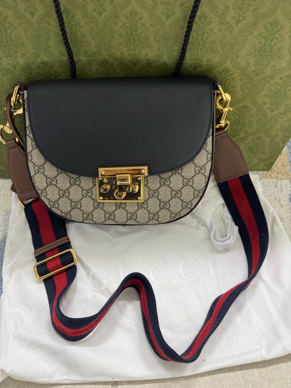 Gucci Supreme Black Leather & Beige GG Canvas Padlock Saddle